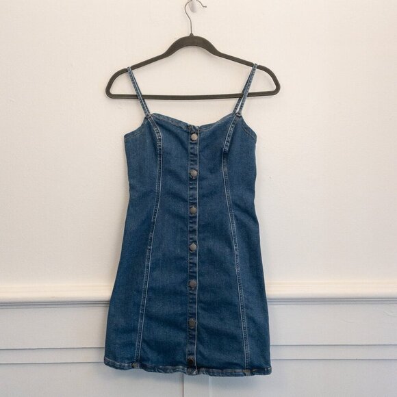 Roxy Denim Mini Dress XS Blue Button Front Sleeveless Fitted Casual Summer - Picture 1 of 4